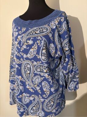 croft & barrow Blue Paisley Crochet-Neck Tunic 100%Soft Cotton! #Concert #Campus